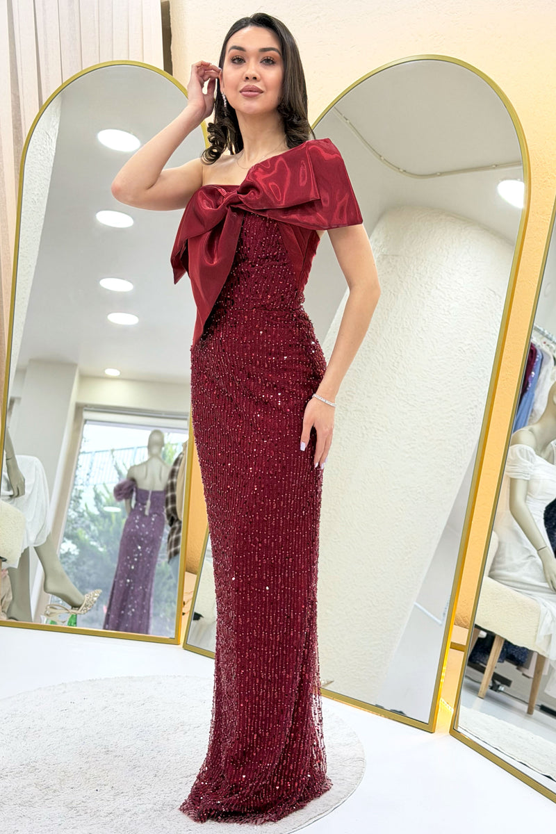 Burgundy Bow Collar Detail One-Shoulder Beaded Evening Dress