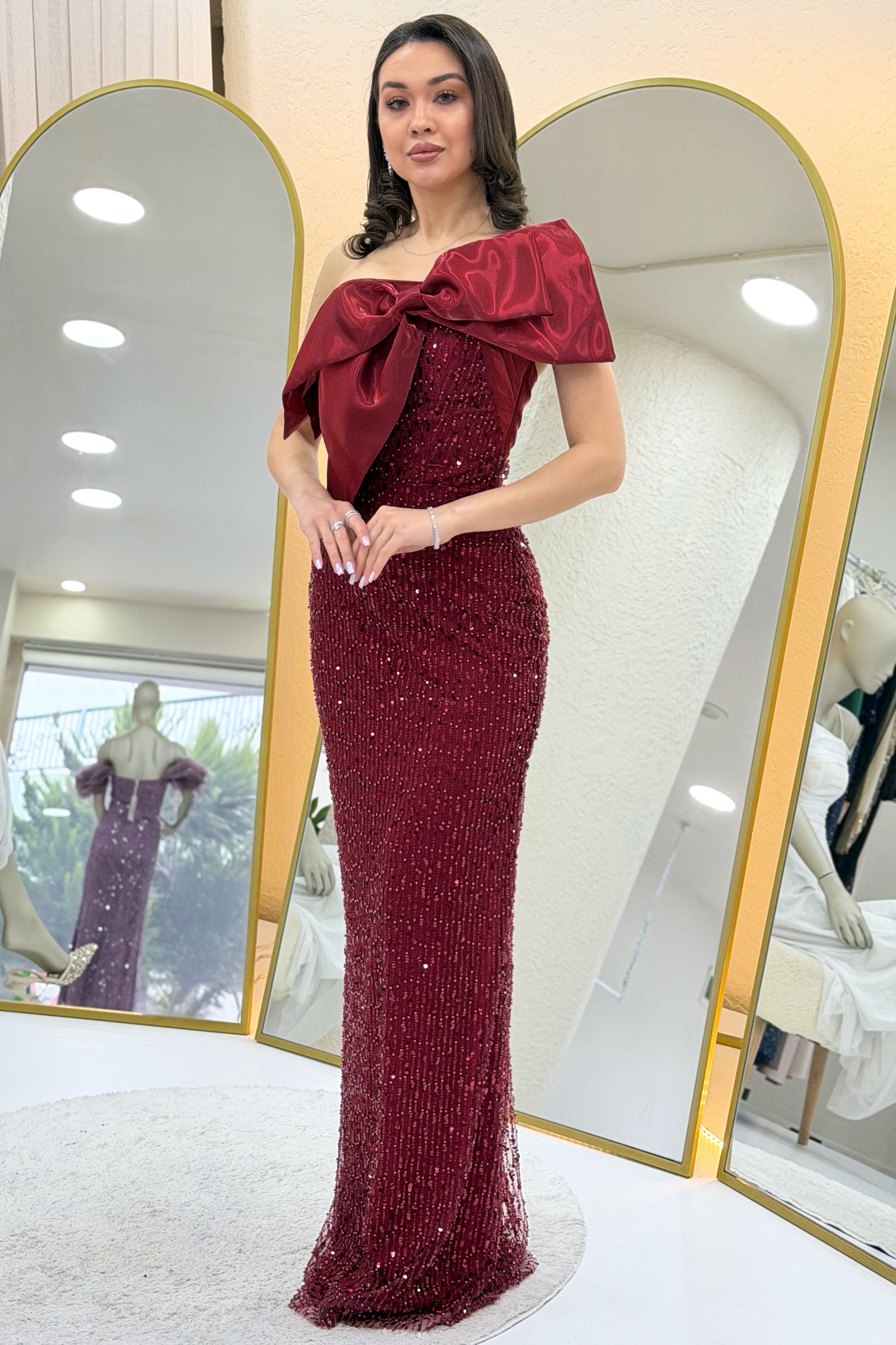 Burgundy Bow Collar Detail One-Shoulder Beaded Evening Dress