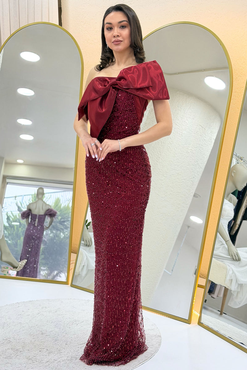 Burgundy Bow Collar Detail One-Shoulder Beaded Evening Dress