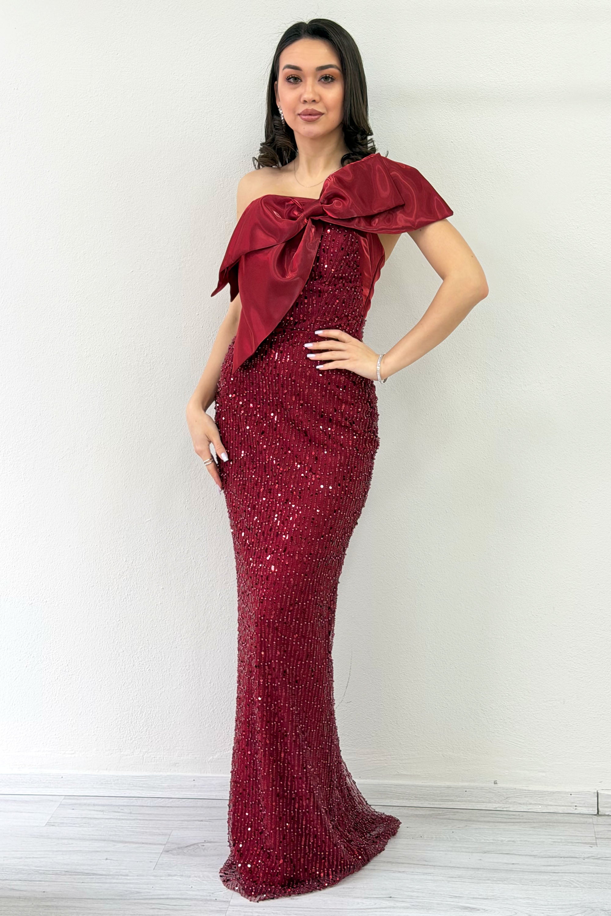 Burgundy Bow Collar Detail One-Shoulder Beaded Evening Dress
