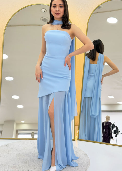 Baby Blue Shawl Detailed Strapless Tulle Skirt Asymmetrical Evening Dress