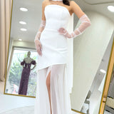 White Shawl Detailed Strapless Tulle Skirt Asymmetrical Wedding Dress