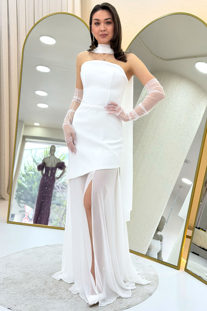White Shawl Detailed Strapless Tulle Skirt Asymmetrical Wedding Dress