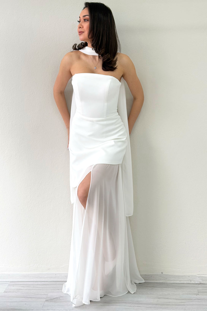 White Shawl Detailed Strapless Tulle Skirt Asymmetrical Wedding Dress