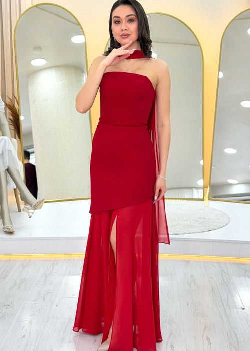 Red Shawl Detailed Strapless Tulle Skirt Asymmetrical Evening Dress