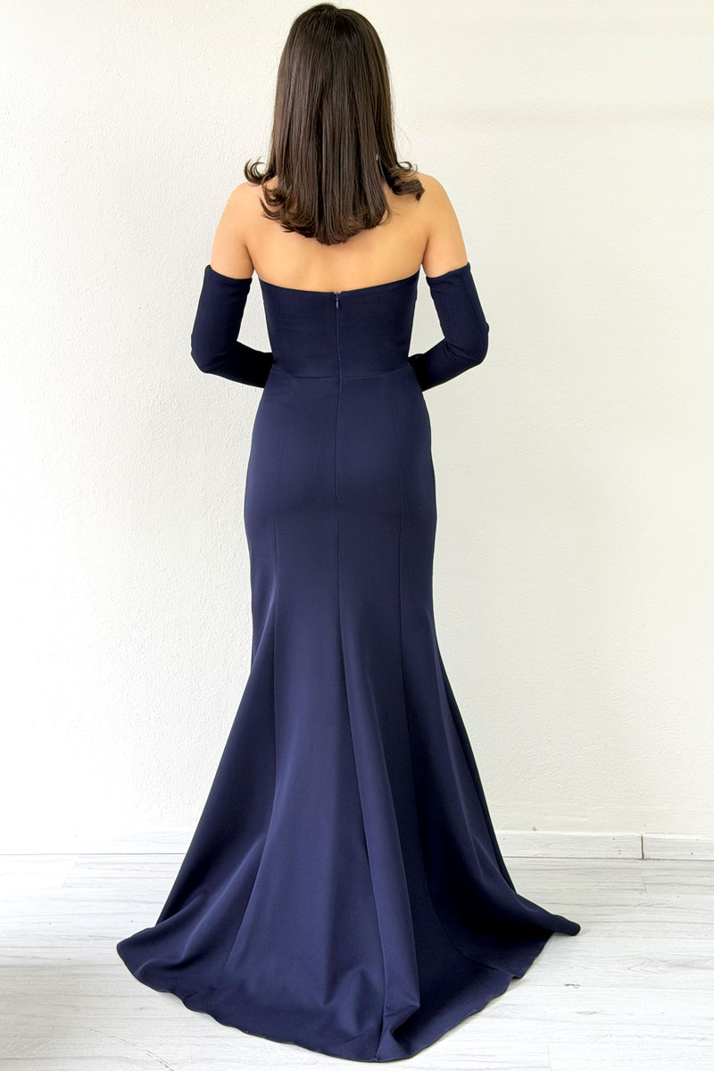 Navy Blue Stone-Detailed Drape Mermaid Evening Dress