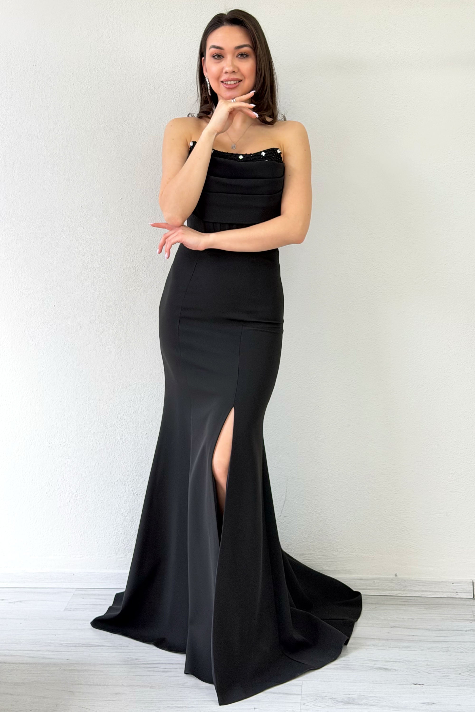 Black Stone Detailed Drape Mermaid Evening Dress