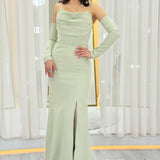 Aqua Green Stone Detail Drape Mermaid Evening Gown