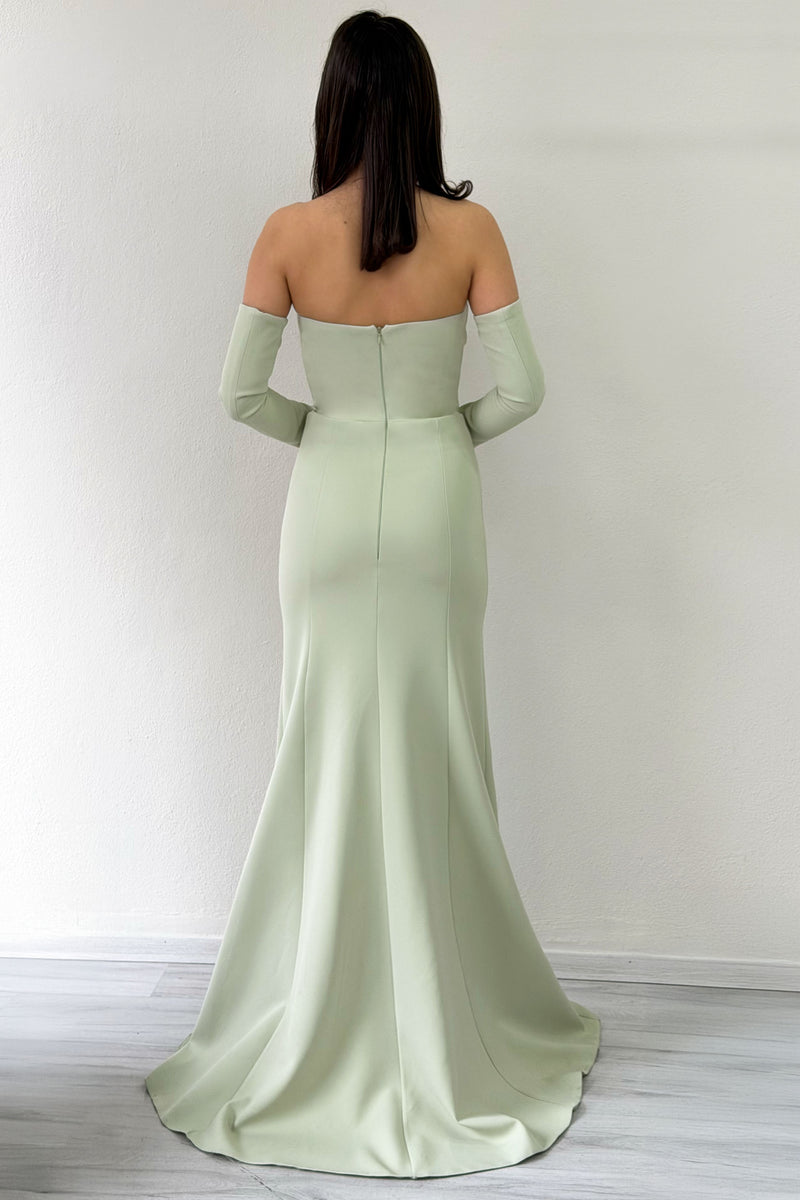 Aqua Green Stone Detail Drape Mermaid Evening Gown