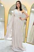 Beige One-Shoulder Cape Dress with Drape and Stone Details