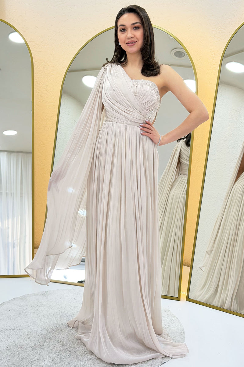 Beige One-Shoulder Cape Dress with Drape and Stone Details