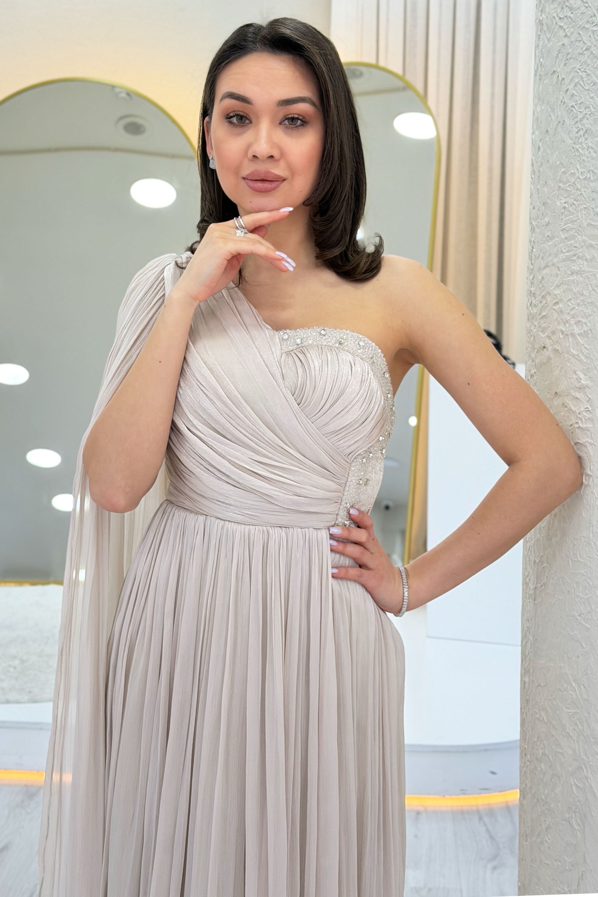 Beige One-Shoulder Cape Dress with Drape and Stone Details