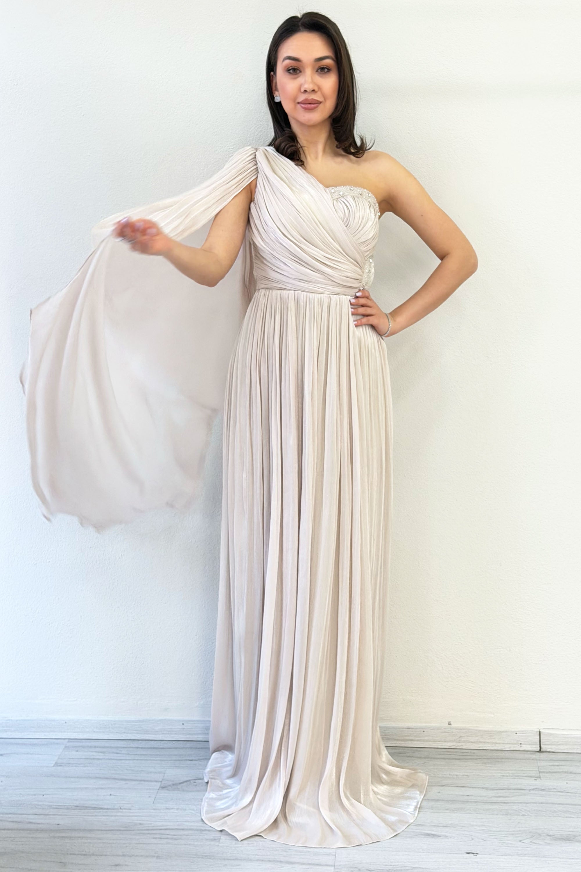 Beige One-Shoulder Cape Dress with Drape and Stone Details