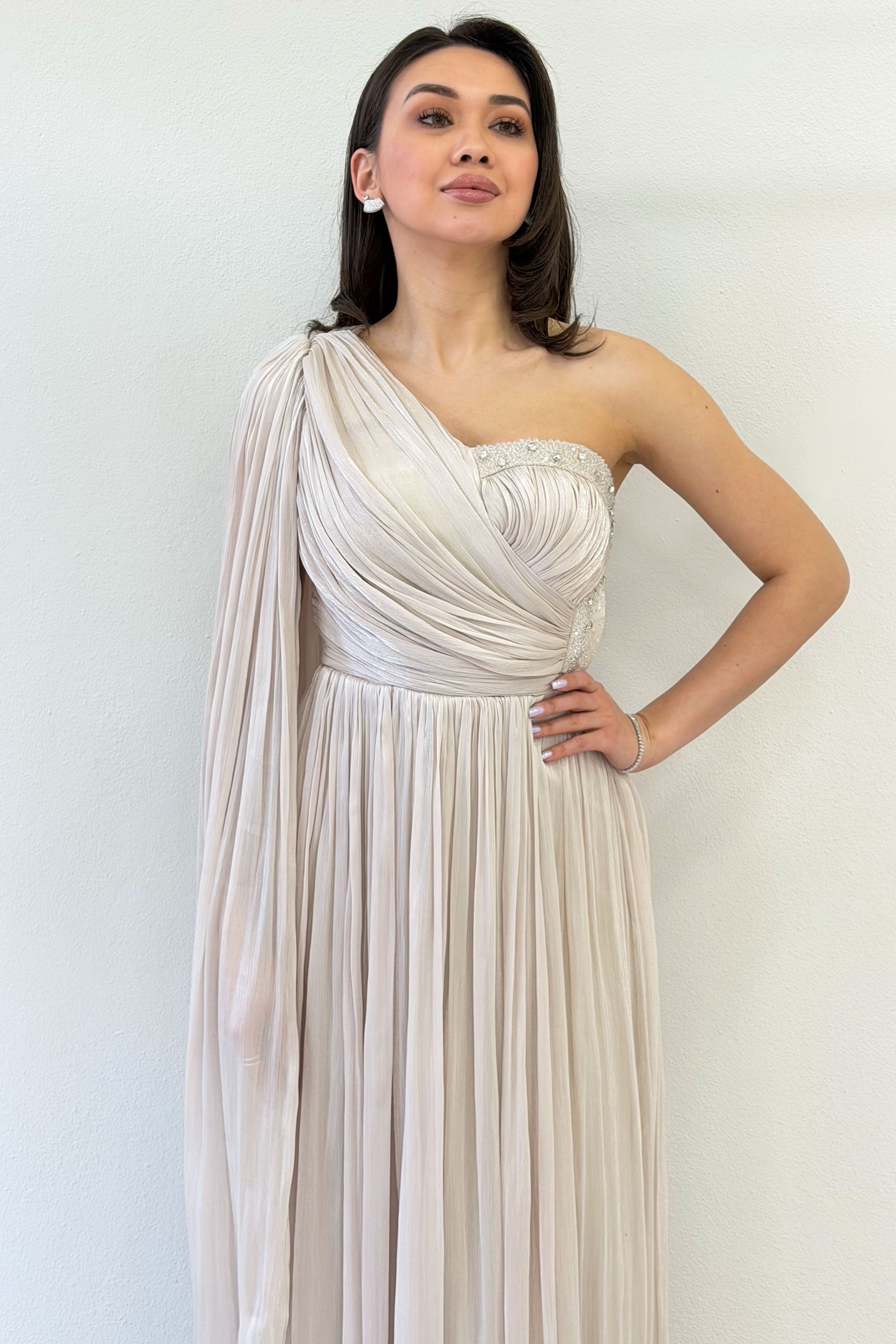 Beige One-Shoulder Cape Dress with Drape and Stone Details