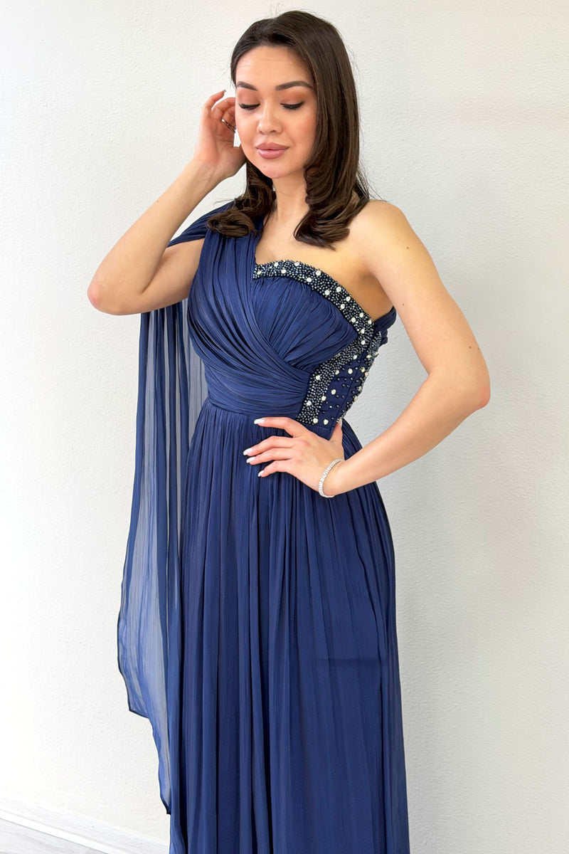 Navy Blue One-Shoulder Cape Dress with Drape and Stone Details