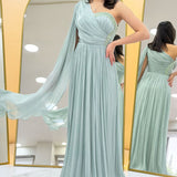 Aqua Green One-Shoulder Cape Dress with Drape and Stone Details