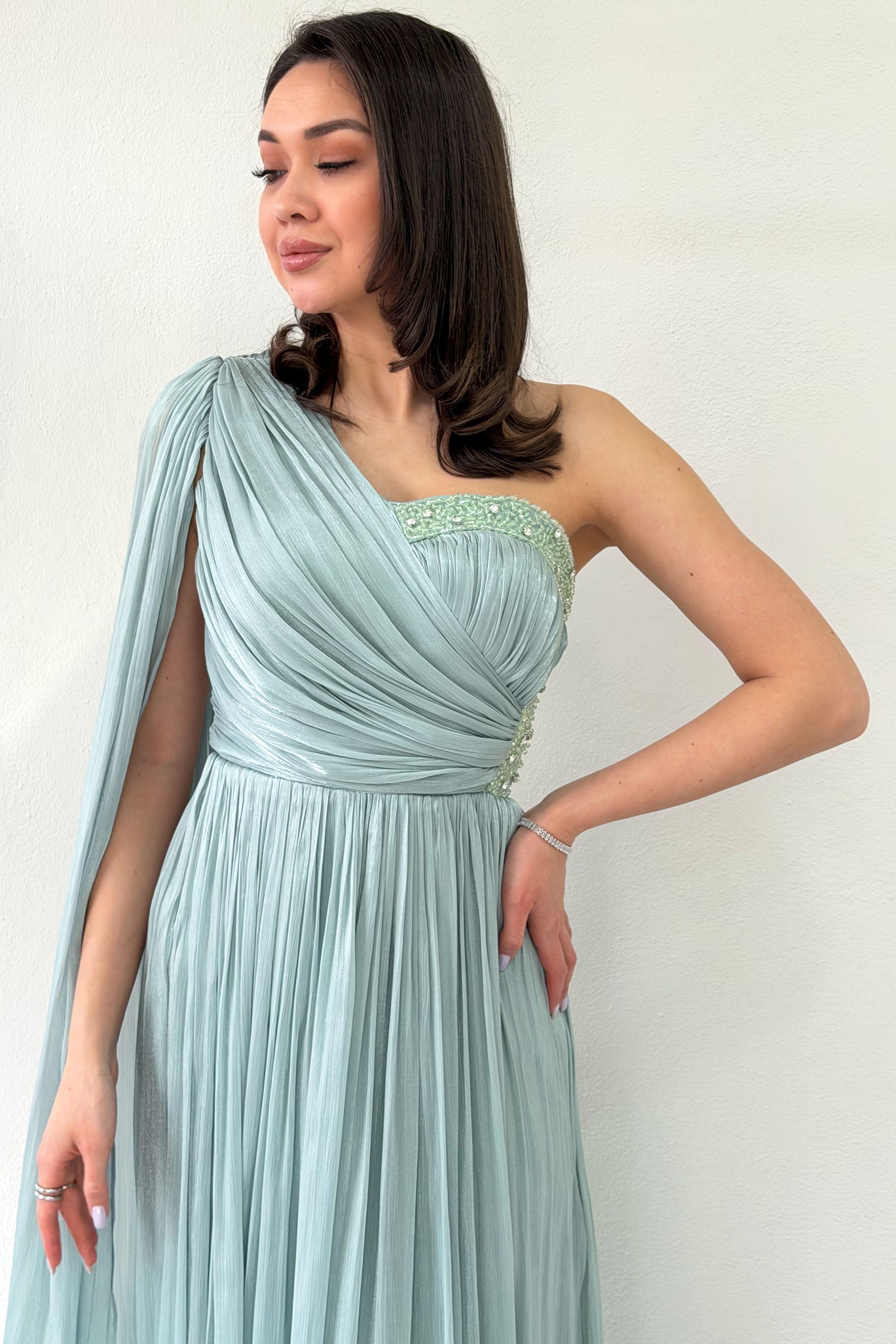 Aqua Green One-Shoulder Cape Dress with Drape and Stone Details