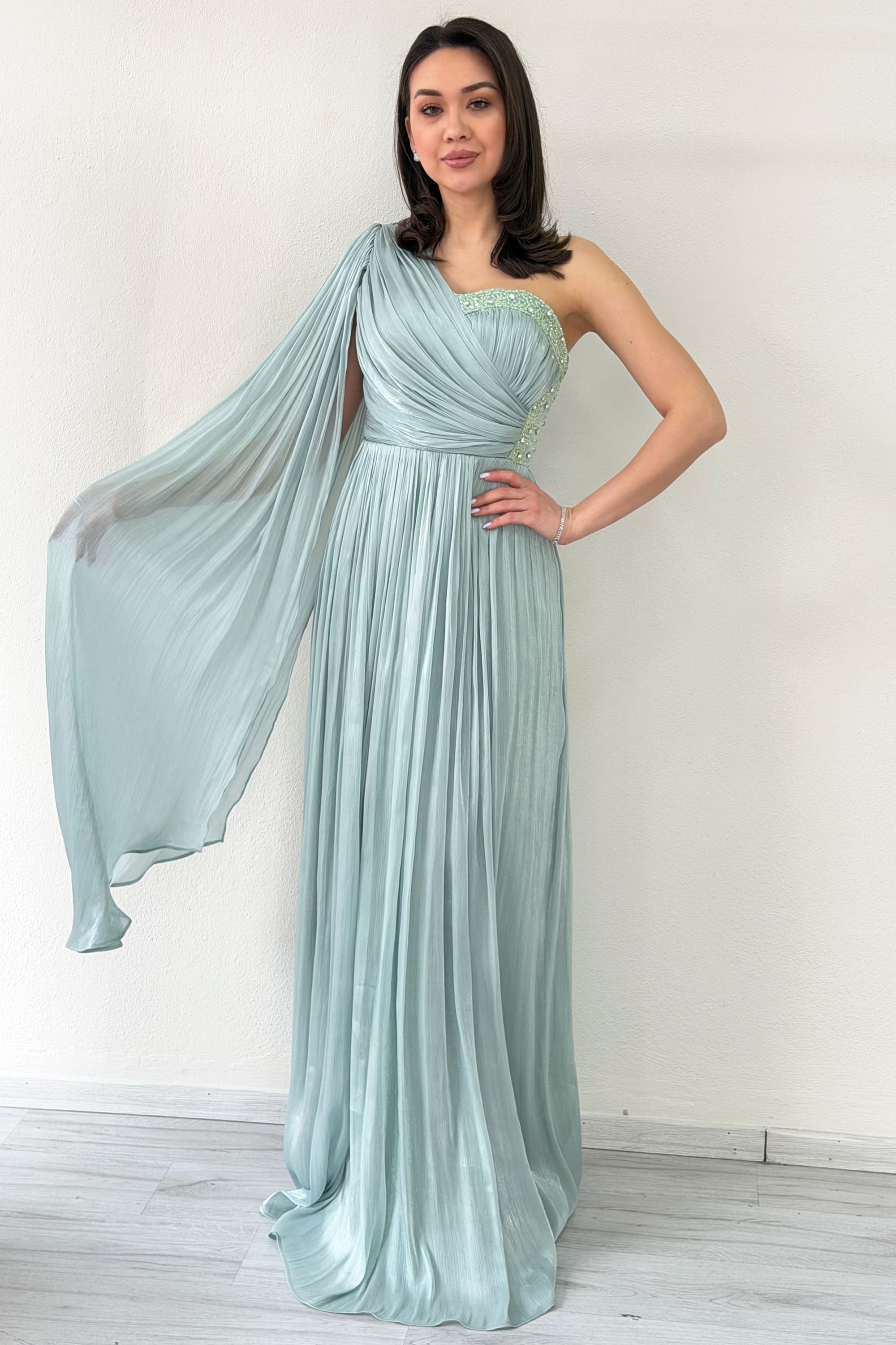 Aqua Green One-Shoulder Cape Dress with Drape and Stone Details