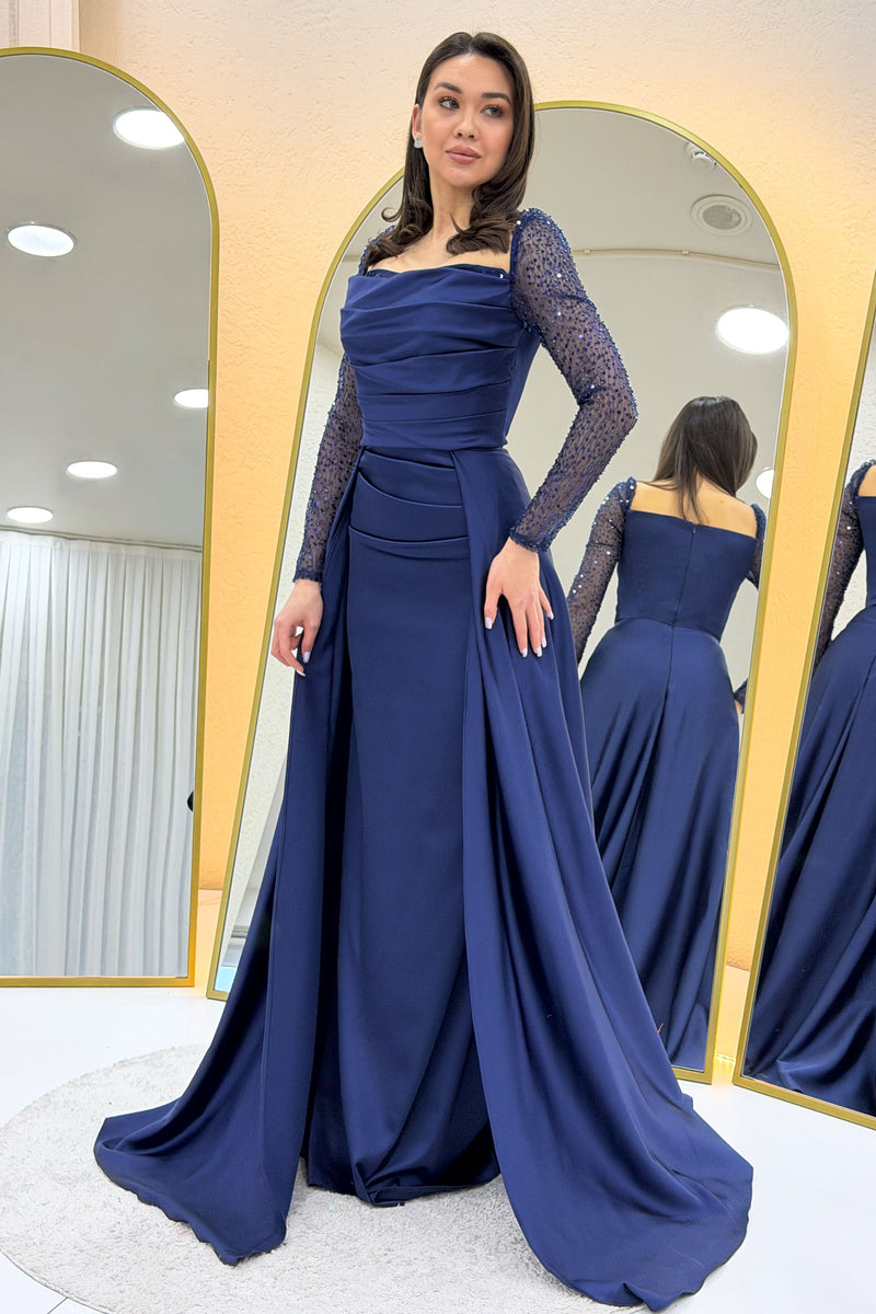 Navy Blue Sequined Long-Sleeved Square Neck Satin Evening Dress