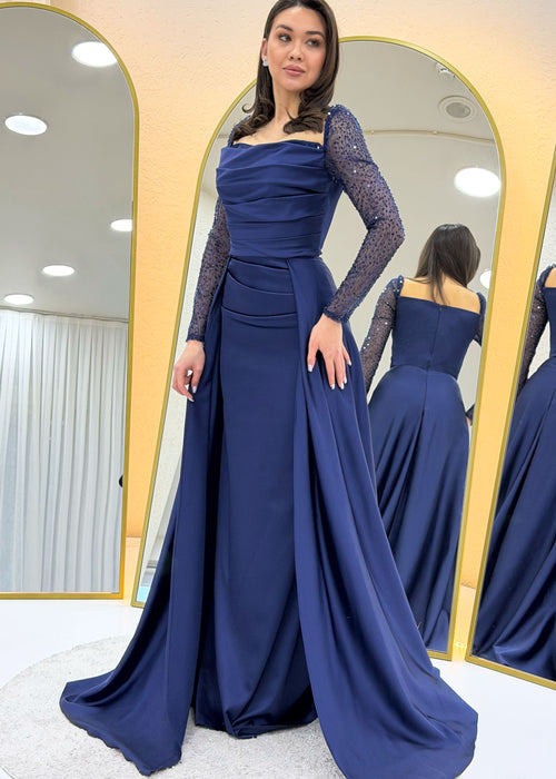 Navy Blue Sequined Long-Sleeved Square Neck Satin Evening Dress