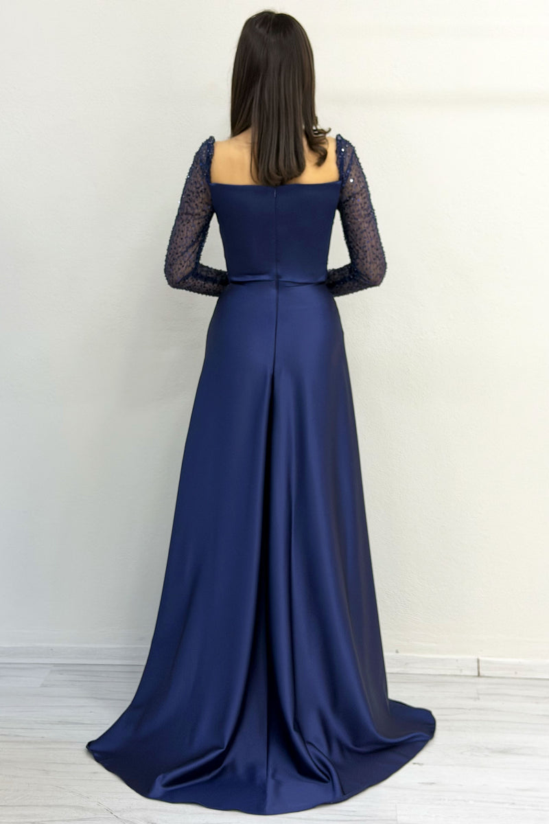 Navy Blue Sequined Long-Sleeved Square Neck Satin Evening Dress