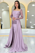 Lilac Beaded Long Sleeve Square Neck Satin Evening Dress