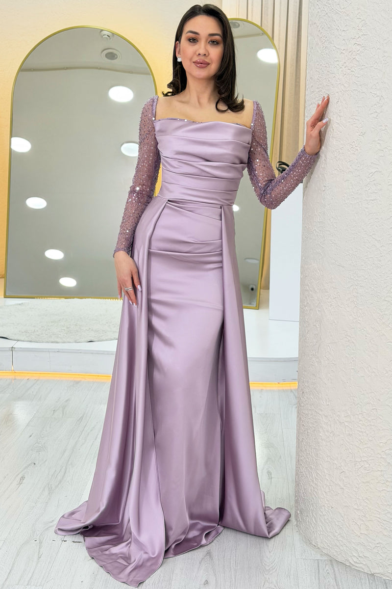 Lila Beaded Long Sleeve Square Neck Satin Evening Dress