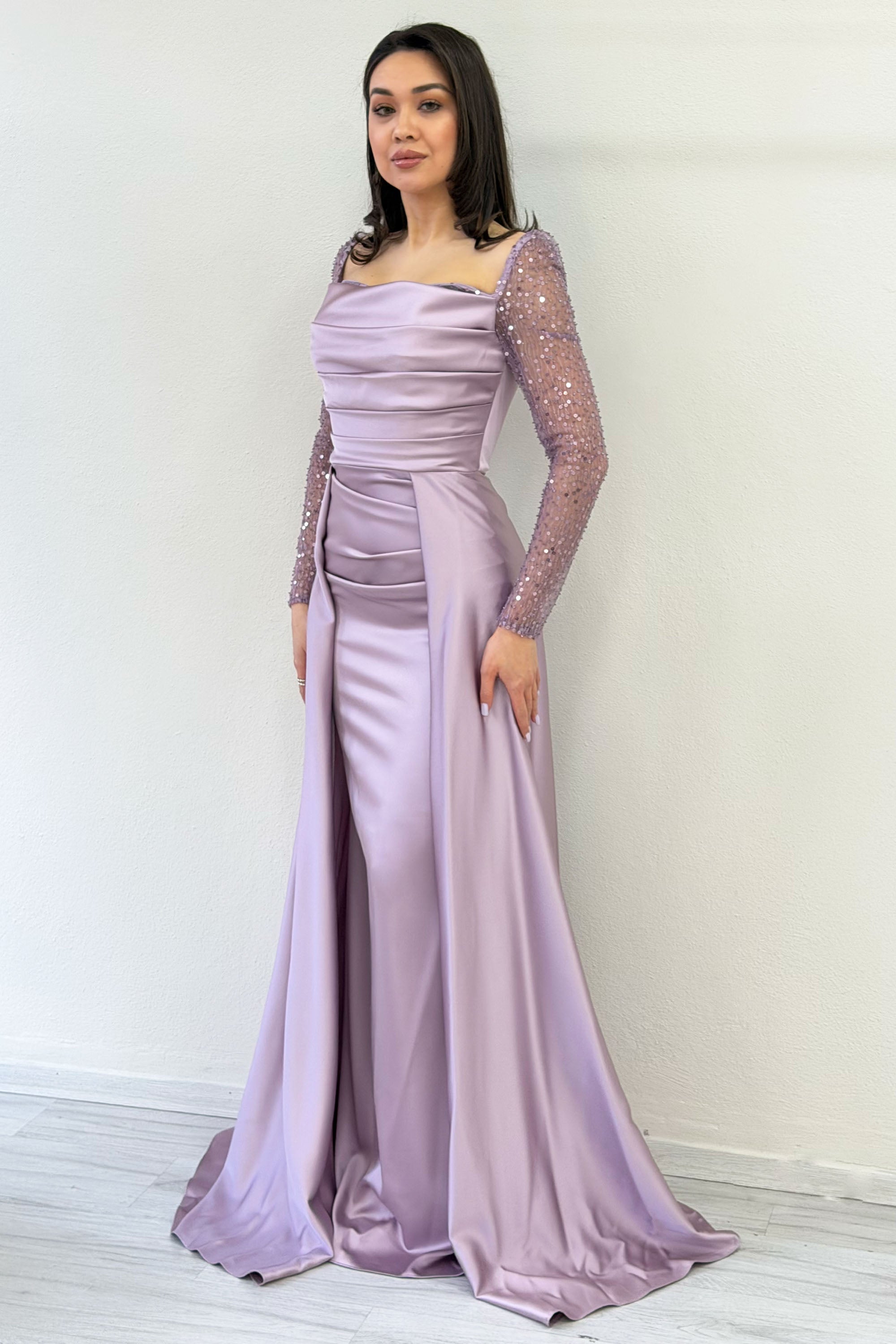 Lila Beaded Long Sleeve Square Neck Satin Evening Dress