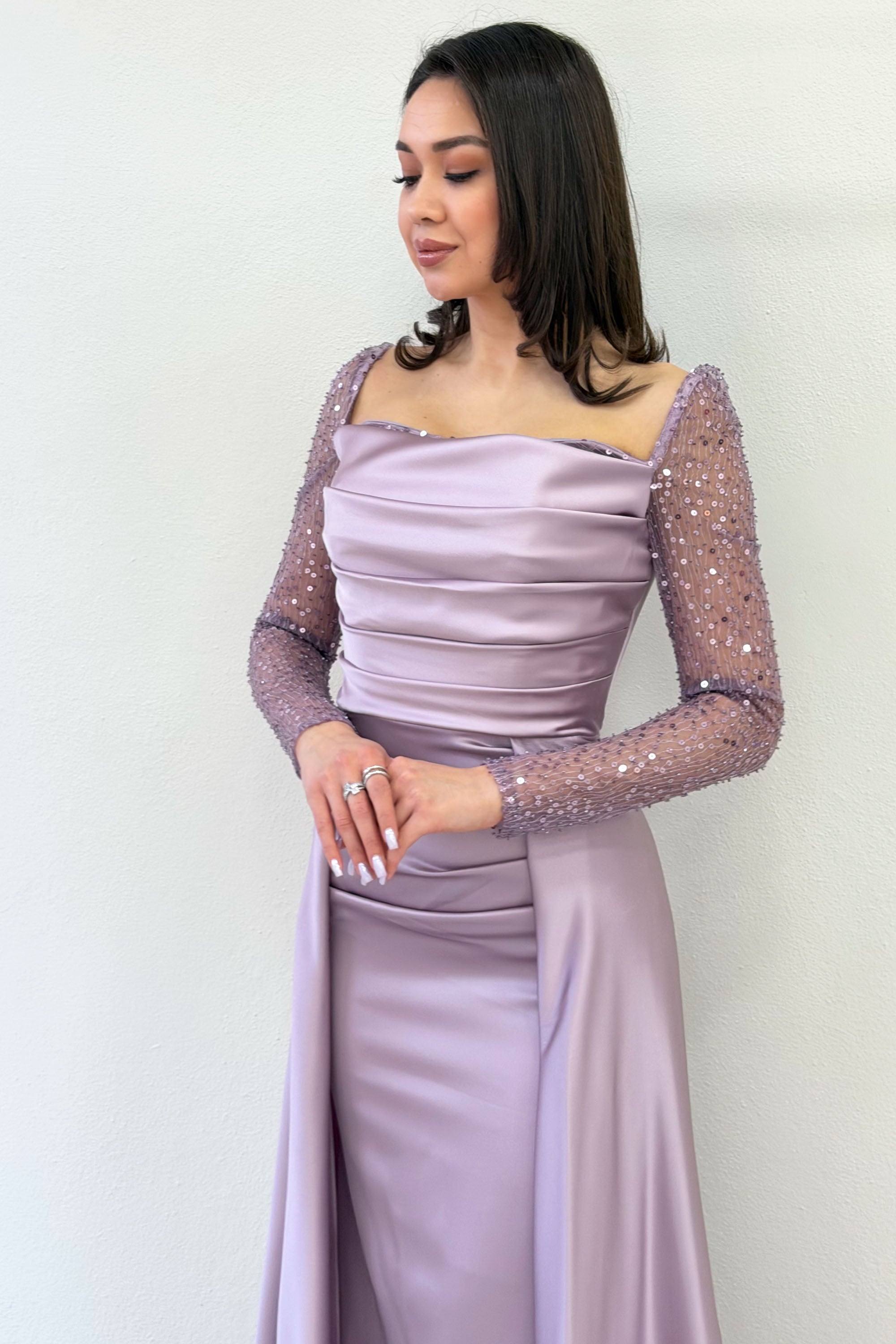 Lila Beaded Long Sleeve Square Neck Satin Evening Dress