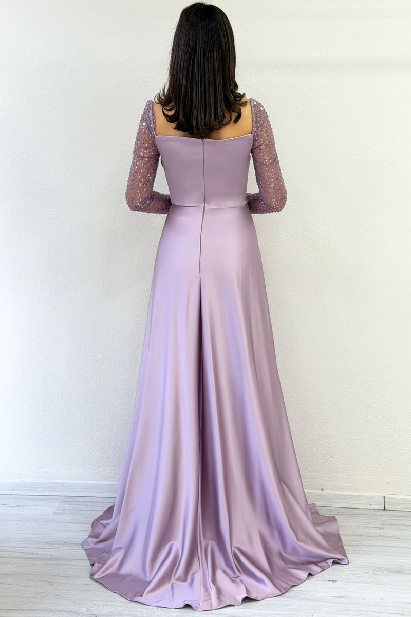 Lila Beaded Long Sleeve Square Neck Satin Evening Dress