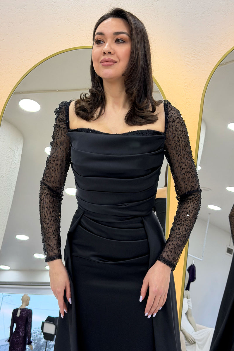 Black Sequin Embroidered Long Sleeve Square Neck Satin Evening Dress