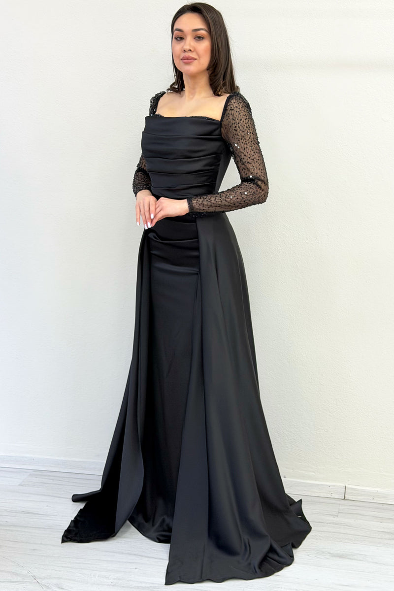 Black Sequin Embroidered Long Sleeve Square Neck Satin Evening Dress