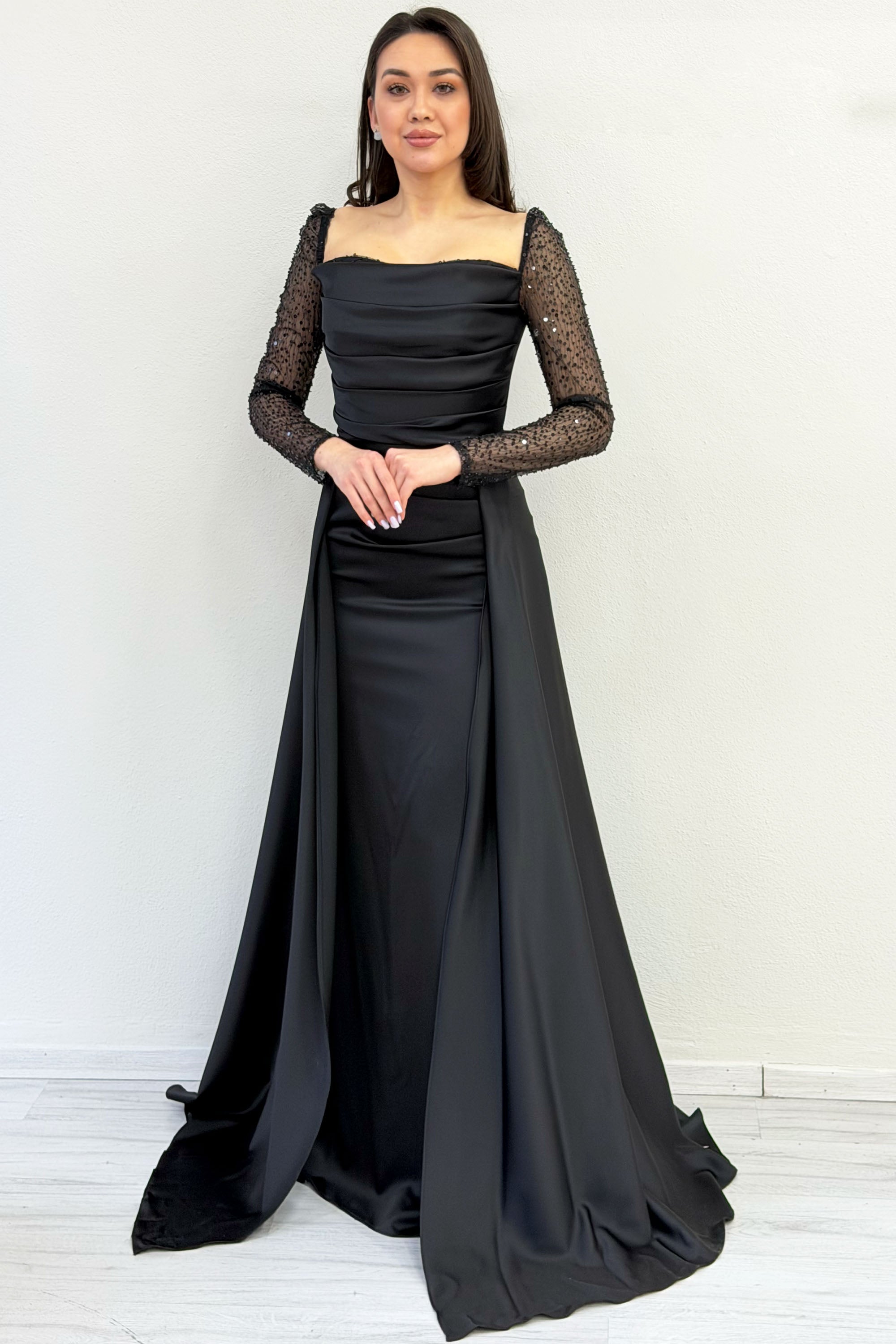 Black Sequin Embroidered Long Sleeve Square Neck Satin Evening Dress