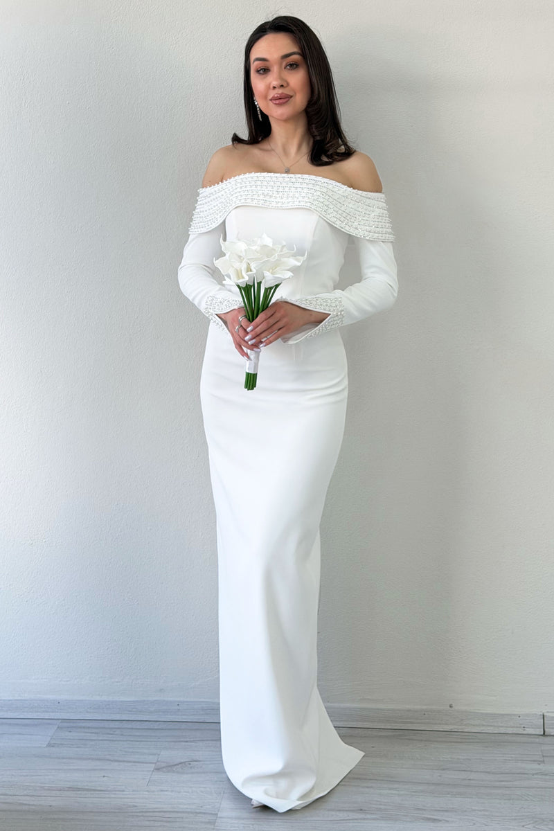 White Madonna Collar Beaded Long Sleeve Mermaid Wedding Dress