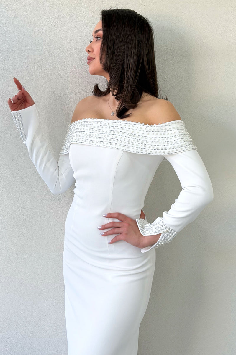 White Madonna Collar Beaded Long Sleeve Mermaid Wedding Dress