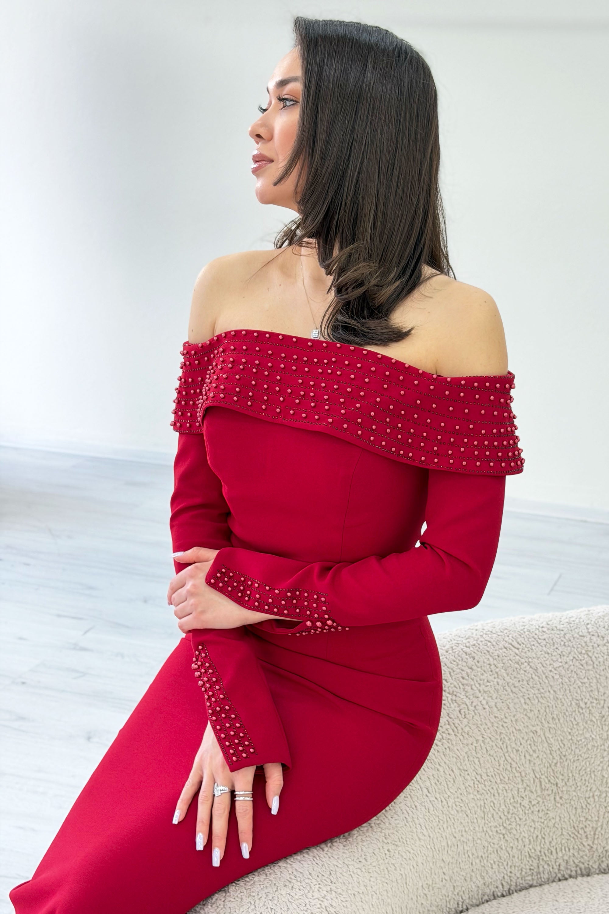 Red Madonna Collar Beaded Long Sleeve Mermaid Evening Dress