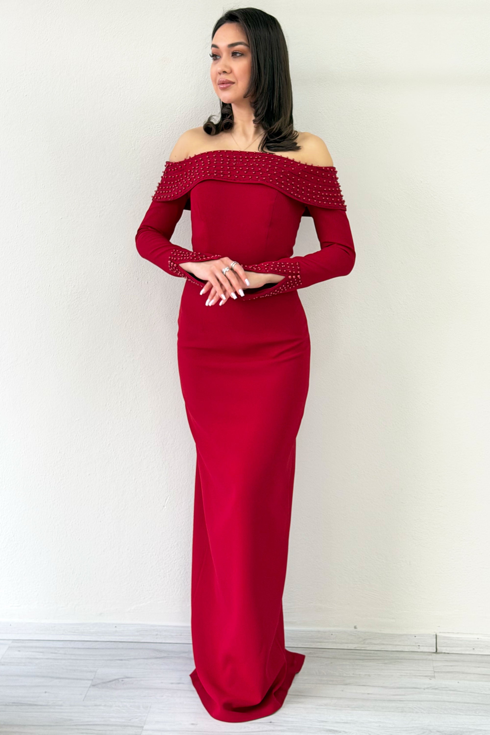 Red Madonna Collar Beaded Long Sleeve Mermaid Evening Dress