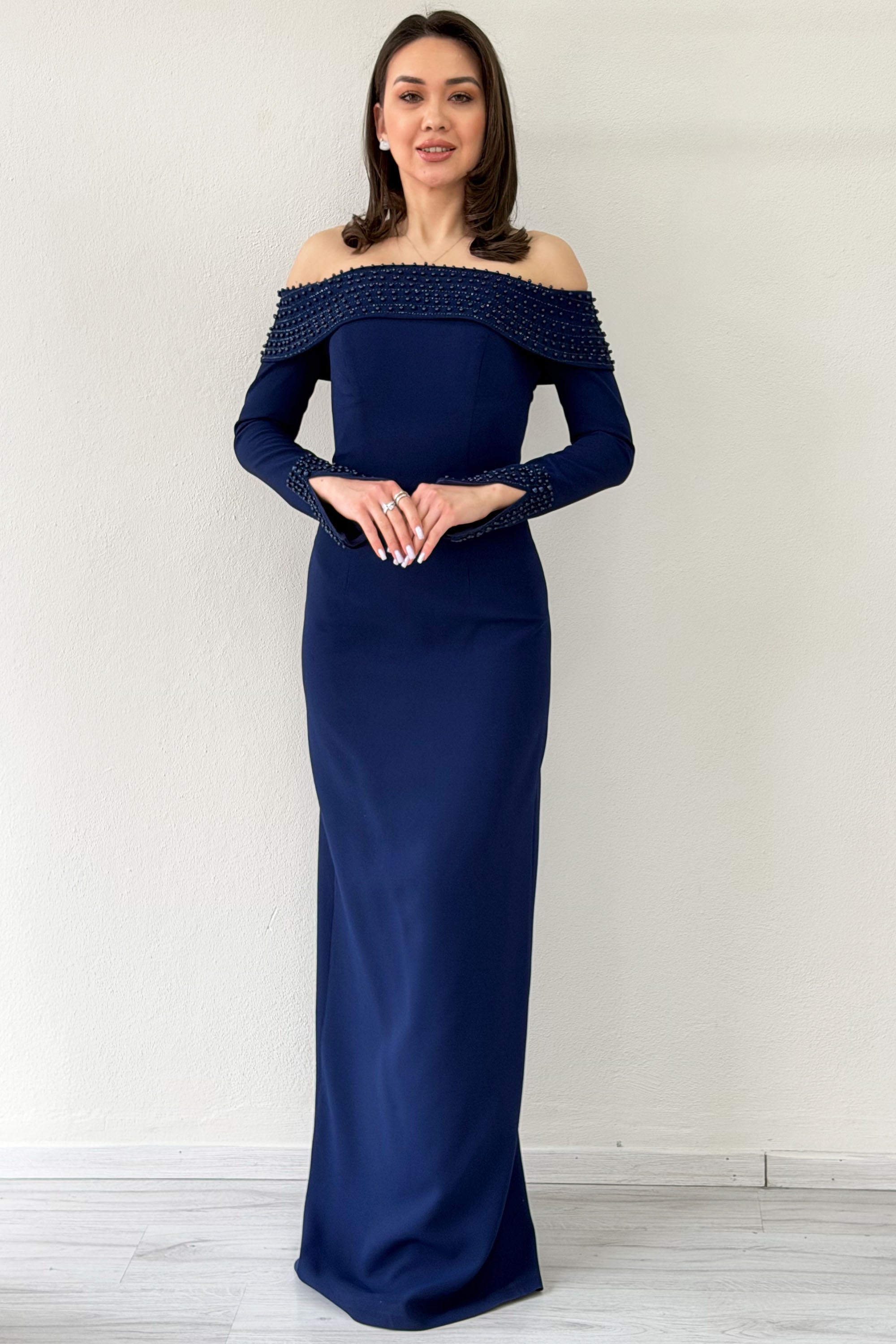 Navy Blue Madonna Collar Beaded Long Sleeve Mermaid Evening Dress