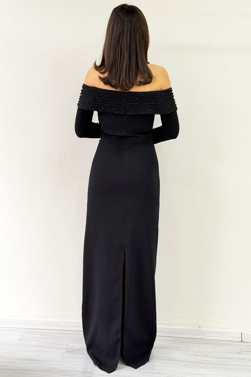 Black Madonna Collar Beaded Long Sleeve Mermaid Dress