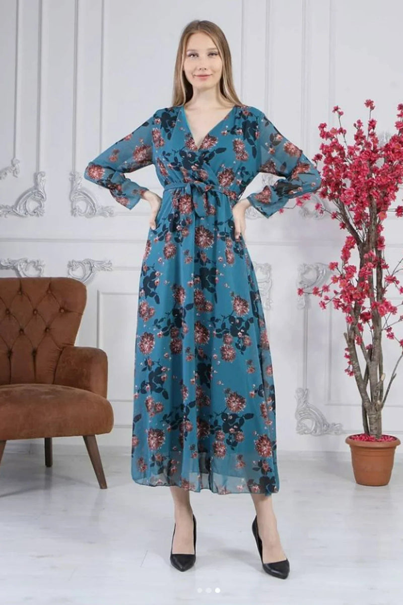 Women's Petrol Blue Wrap Neck Chiffon Dress