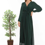 Green Cross-Over Neck Midi Length Chiffon Dress