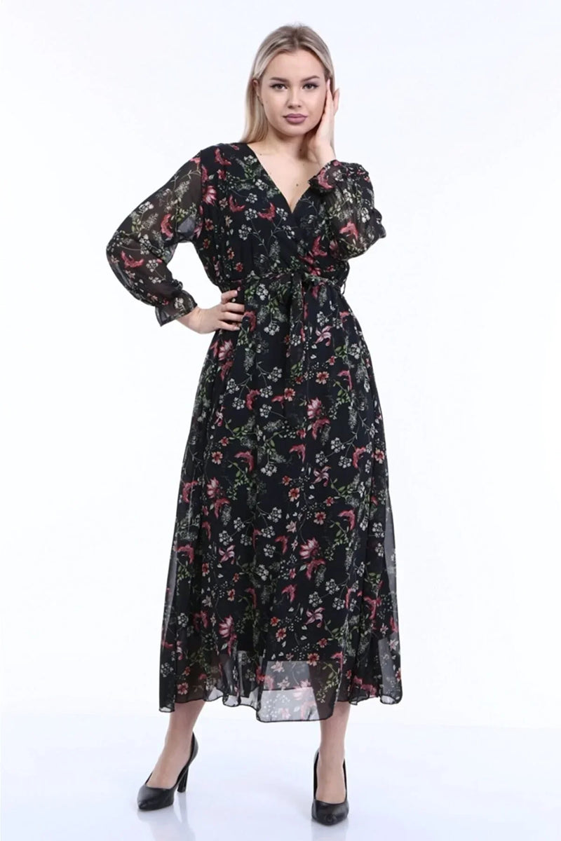 Women's Black Floral Wrap Neck Chiffon Dress