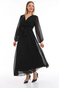 Black Cross-Over Neck Midi Length Chiffon Dress