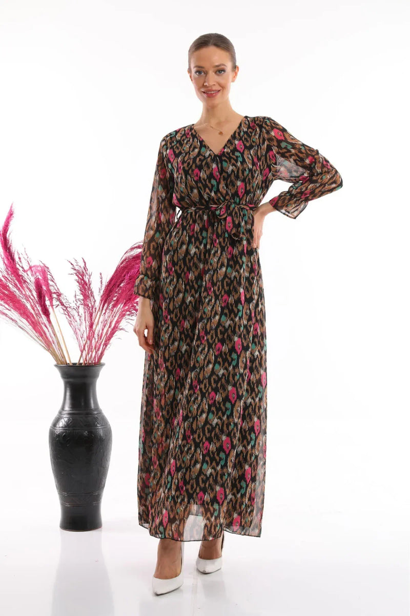 Women's Black Şal Desen Wrap Neck Chiffon Dress