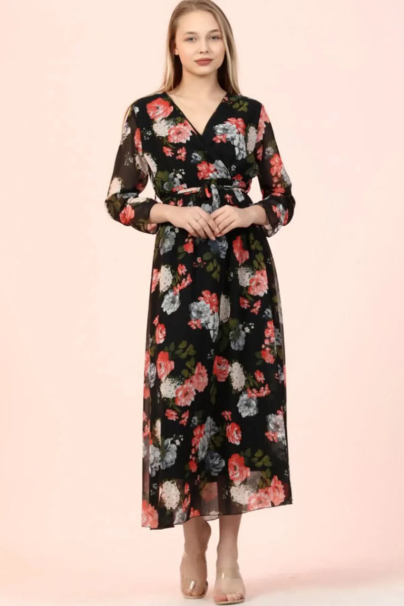 Women's Black Floral Wrap Neck Chiffon Plus Size Dress