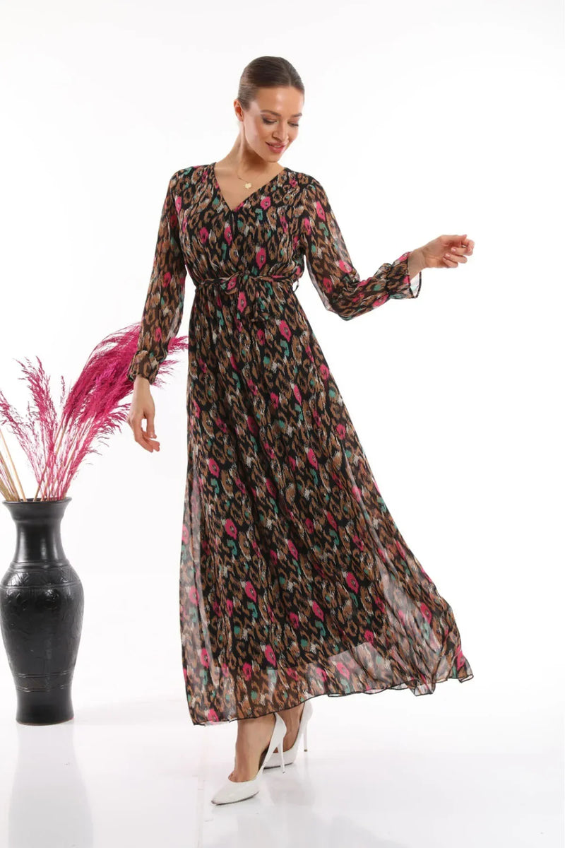 Women's Black Şal Desen Wrap Neck Chiffon Dress