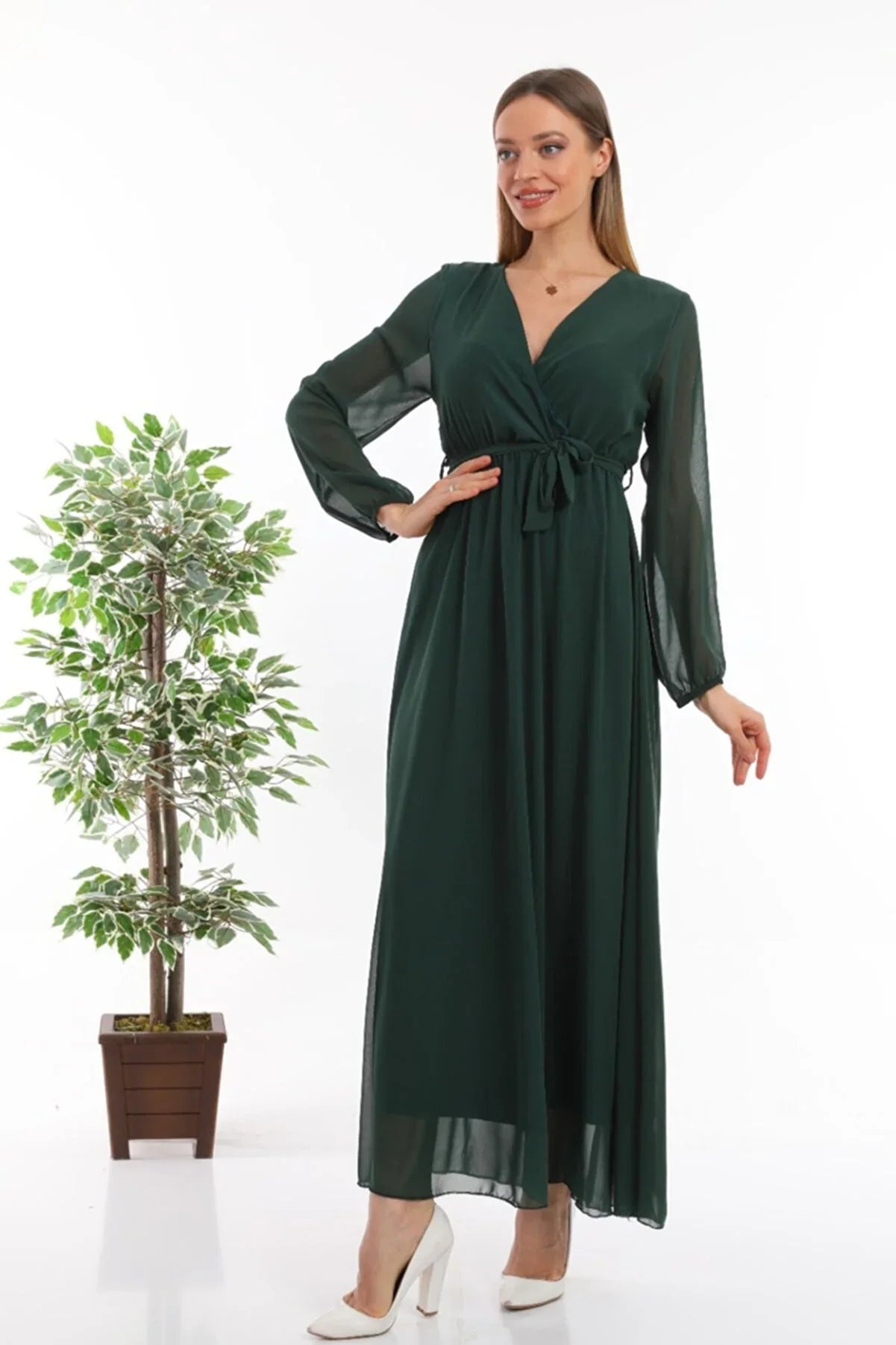 Women's Emerald Green Wrap Neck Belted Plus Size Chiffon Maxi Dress