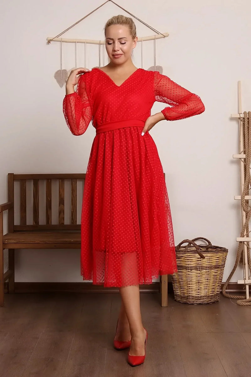 Women's Red Puantiyeli Belted Tütü Plus Size Dress