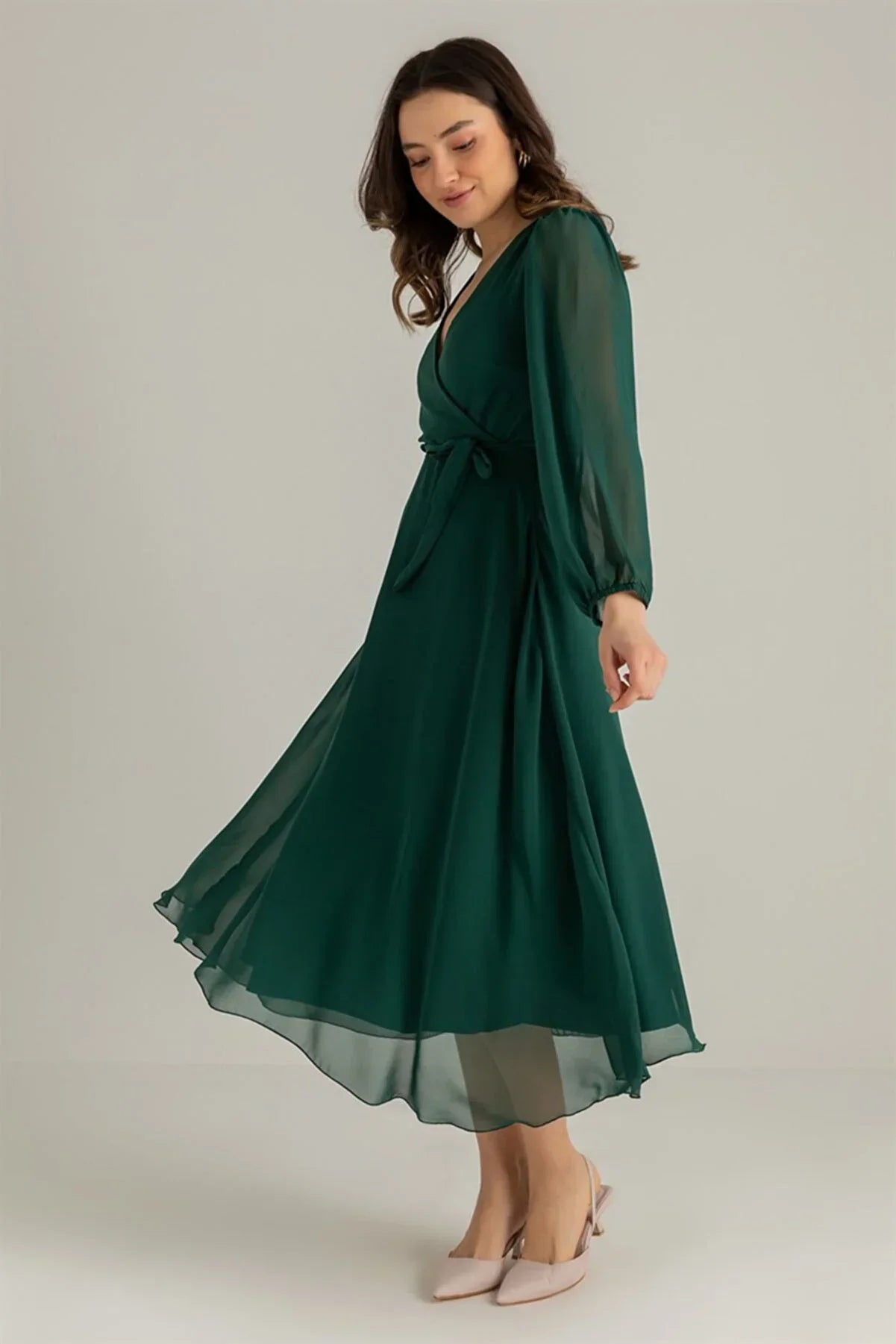 Women's Emerald Green Balloon Sleeve Wrap Midi Chiffon Dress