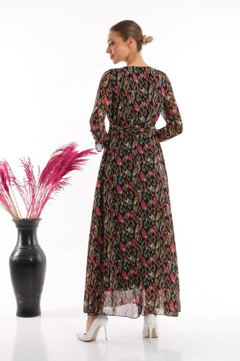 Women's Black Şal Desen Wrap Neck Chiffon Dress